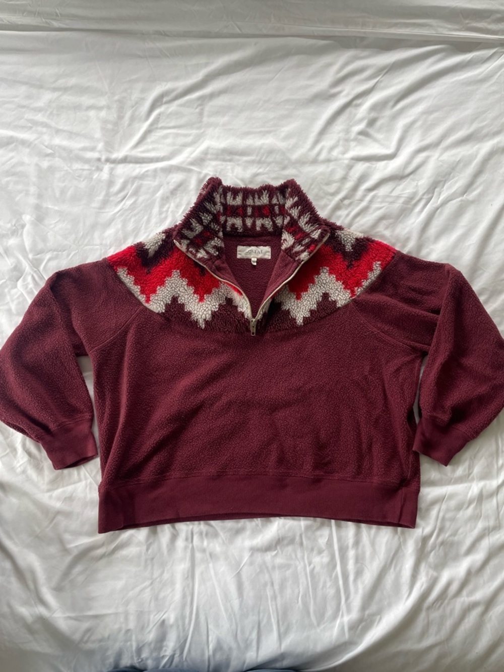 THE GREAT. Maroon Cowl Sweater with Red and Cream Fair Isle Yoke